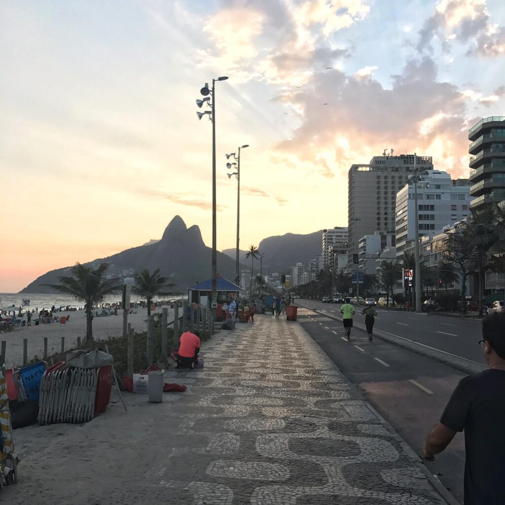 Ipanema boardwalk at sunset. Great place to stay in Rio. 